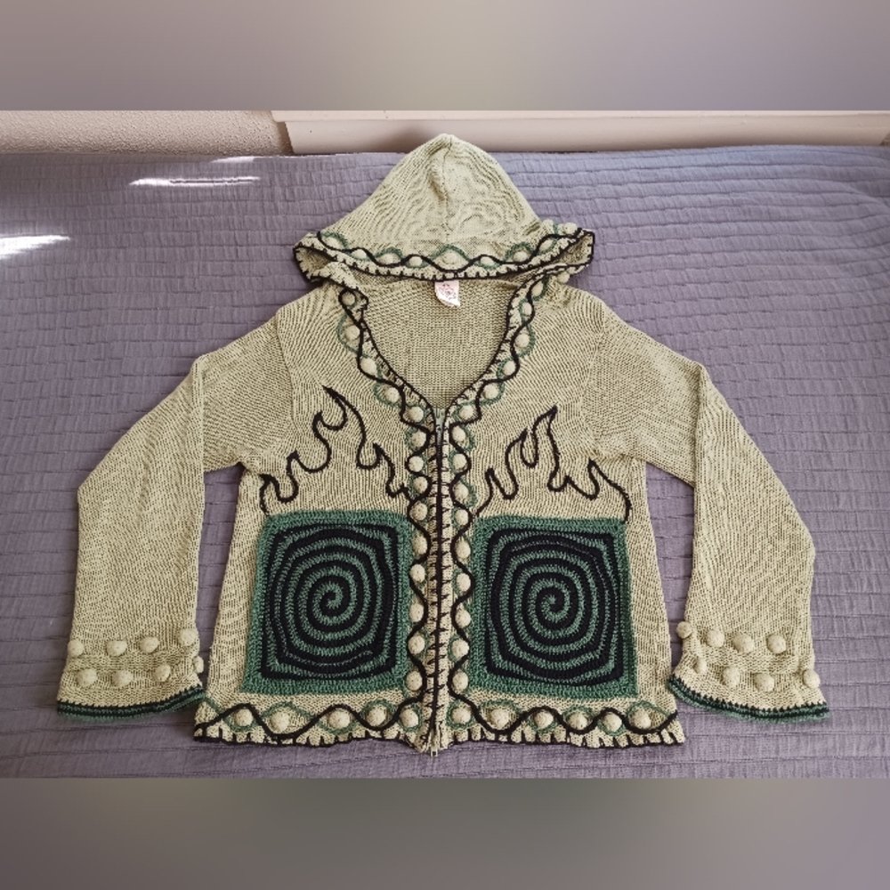 Hand Crocheted Details On Knitted Hemp/Organic Cotton Hooded Zip Sweater OOAK